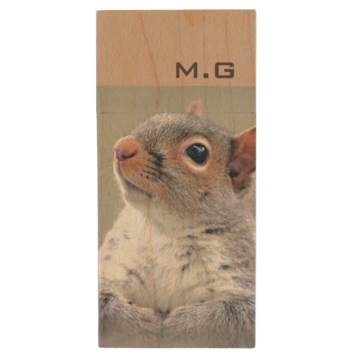 Cute Curious Squirrel Profile Photo Monogram Wood Flash Drive