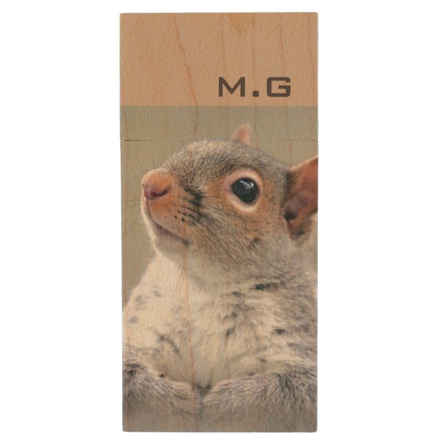 Cute Curious Squirrel Profile Photo Monogram Wood Flash Drive (Front Vertical)