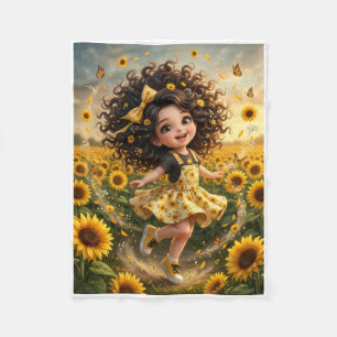 Cute Curly Haired Girl In Sunflower Field Fleece B Blanket