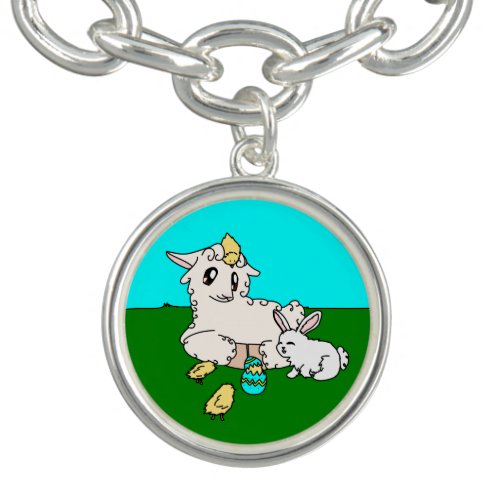 Cute Curly Lamb  Scruffy Bunny Happy Easter Scene Bracelet