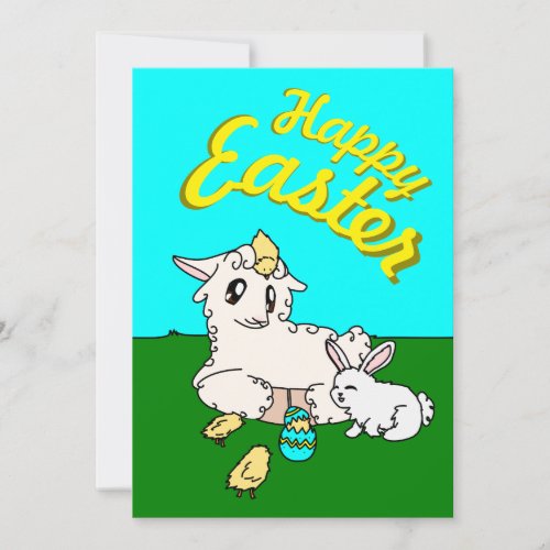 Cute Curly Lamb  Scruffy Bunny Happy Easter Scene Holiday Card