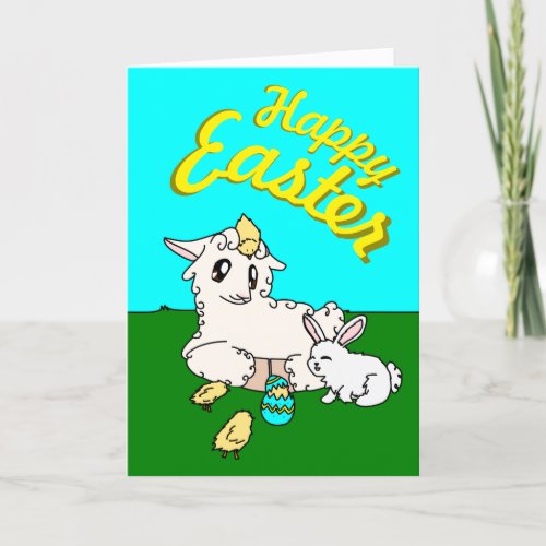 Cute Curly Lamb  Scruffy Bunny Happy Easter Scene Holiday Card