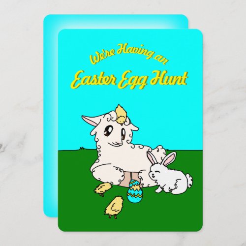 Cute Curly Lamb  Scruffy Bunny Happy Easter Scene Invitation