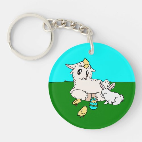 Cute Curly Lamb  Scruffy Bunny Happy Easter Scene Keychain