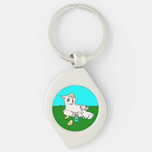 Cute Curly Lamb  Scruffy Bunny Happy Easter Scene Keychain