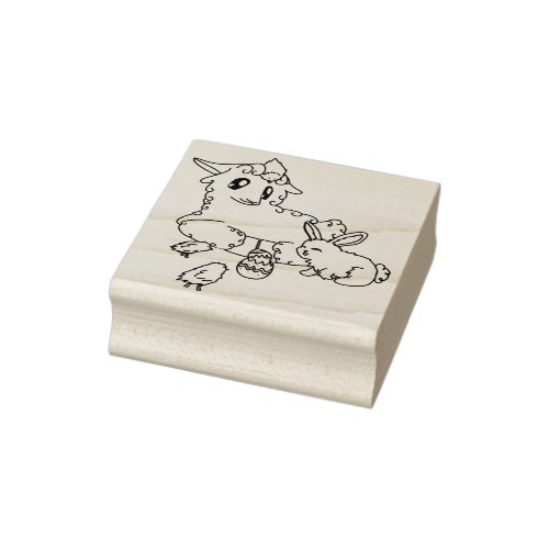 Cute Curly Lamb  Scruffy Bunny Happy Easter Scene Rubber Stamp