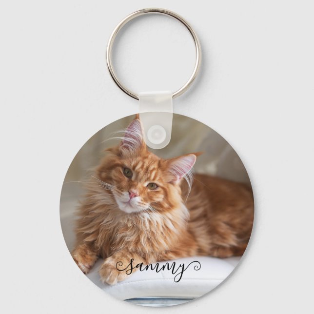 Cute Curly Name Cat Photo Keychain (Front)