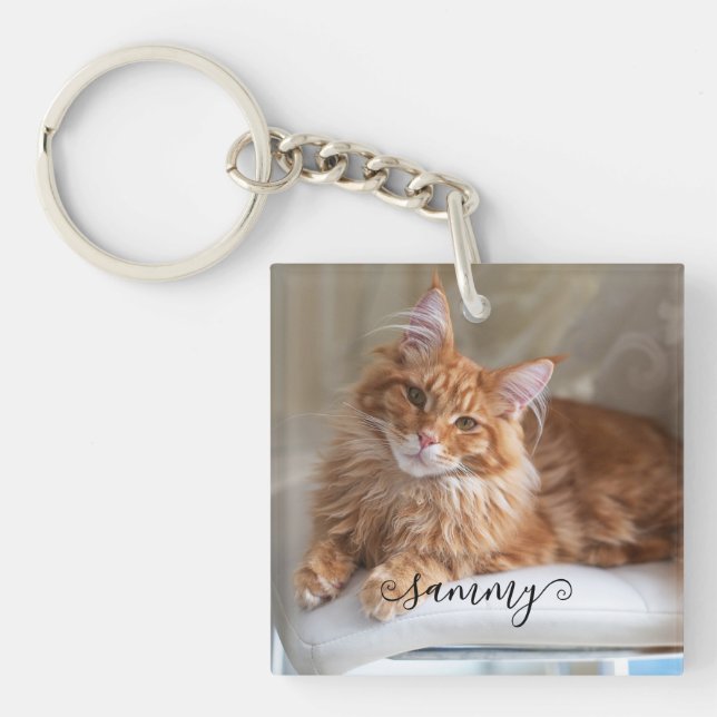 Cute Curly Name Cat Photo Keychain (Front)