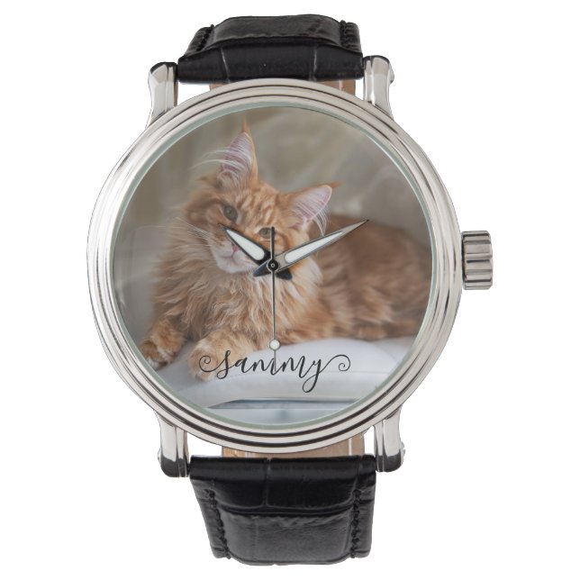 Cute Curly Name Cat Photo Watch (Front)