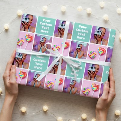 Cute Custom 3 Photo Modern Retro Green Pattern Wrapping Paper