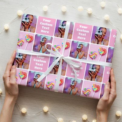 Cute Custom 3 Photo Modern Retro Pink Trendy Wrapping Paper