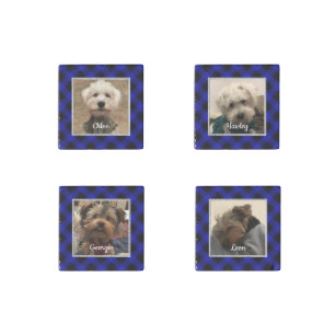 Cute Custom 4 Photos Frame Pets Blue & Black Plaid Stone Magnet