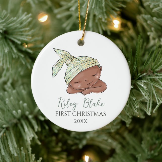 Cute Custom African American Baby First Christmas Ceramic Ornament (Tree)