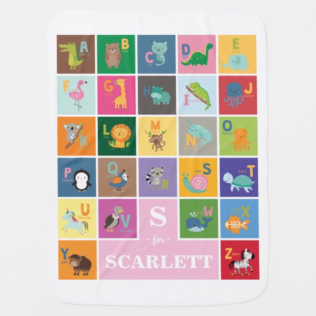 Cute Custom Animals Alphabet Baby Girl Nursery Baby Blanket (Front)