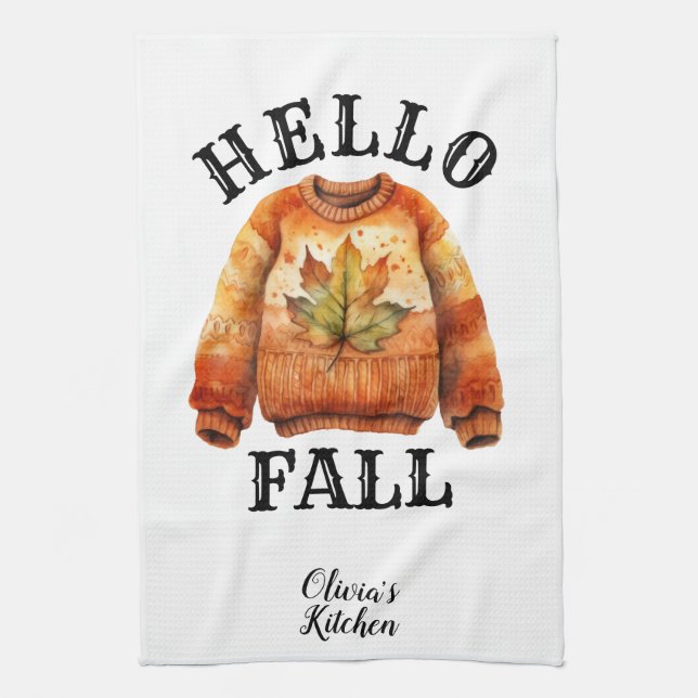 Cute Custom Autumn | Hello Fall Personalized White Kitchen Towel (Vertical)