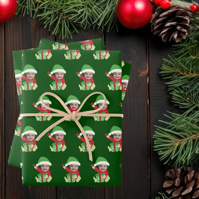 Cute Custom Baby Face Photo Elf Christmas Wrapping Paper Sheets (Creator Uploaded)