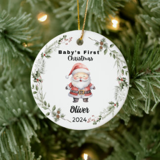 Cute Custom Baby First Watercolor Santa Ceramic Ornament