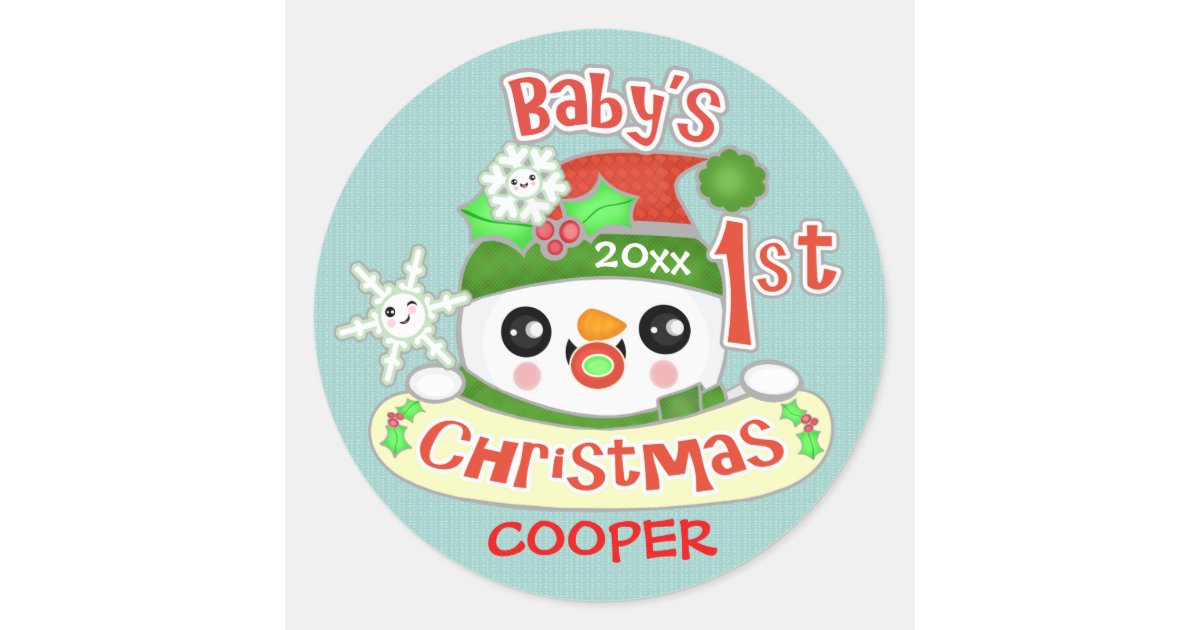 Baby First Rave Sticker Cute Custom Baby's First Christmas Classic Round Sticker | Zazzle