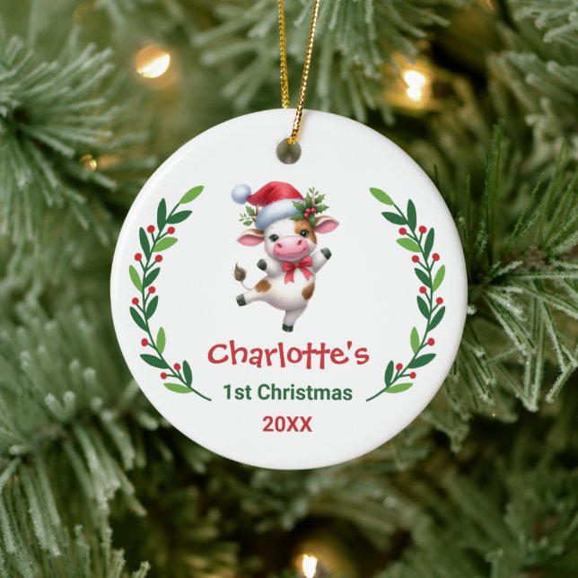Cute Custom Baby's First Christmas Festive Cow Ceramic Ornament (Tree)