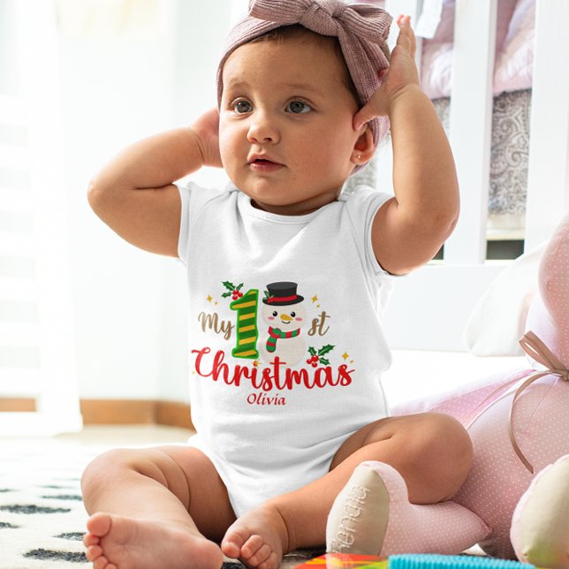 Cute Custom Baby's First Christmas Snowman Holly  Baby Bodysuit (Creator Uploaded)