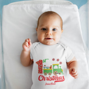 Cute Custom Baby's First Christmas Train Snowman Baby Bodysuit