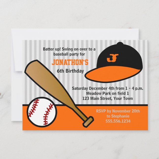 Cute Custom Baseball Birthday Party Orange & Black Invitation (Front)