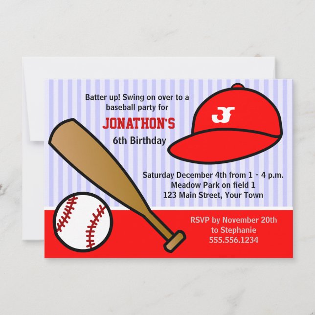 Cute Custom Baseball Birthday Party Red and White Invitation (Front)