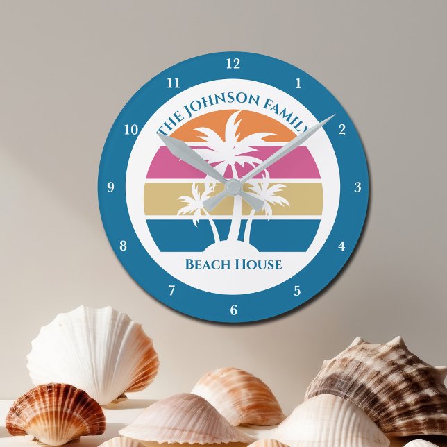 Cute Custom Beach House Palm Trees Blue Round Clock (Creator Uploaded)
