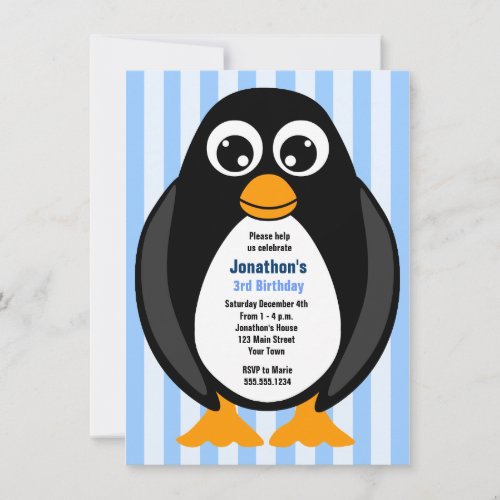 Cute Custom Birthday Party Penguin Invite - Blue
