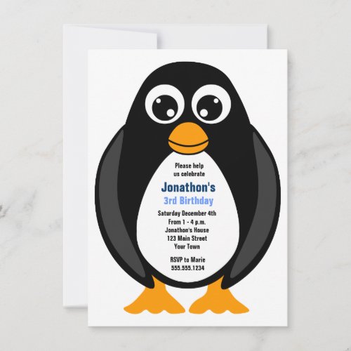 Cute Custom Birthday Party Penguin Invite _ White