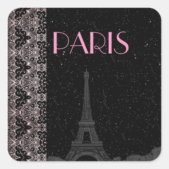 Cute Custom Black/Pink Midnight Stars Eiffel Tower Square Sticker (Front)