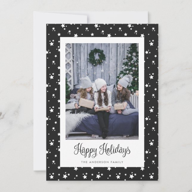 Cute Custom Black Stars Photo Holiday Card (Front)