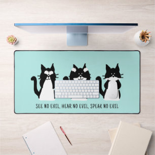 Cute Custom Black White Tuxedo Cats Aqua Blue Desk Mat