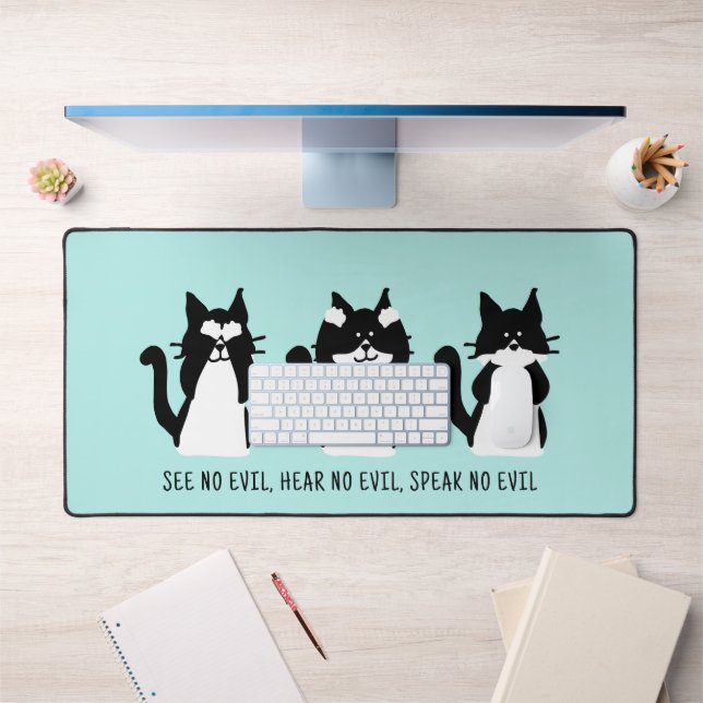 Cute Custom Black White Tuxedo Cats Aqua Blue Desk Mat (Office 1)