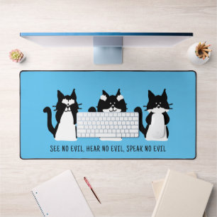 Cute Custom Black White Tuxedo Cats Blue Desk Mat
