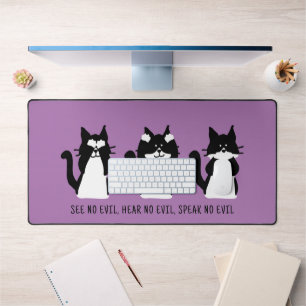 Cute Custom Black White Tuxedo Cats Purple Desk Mat