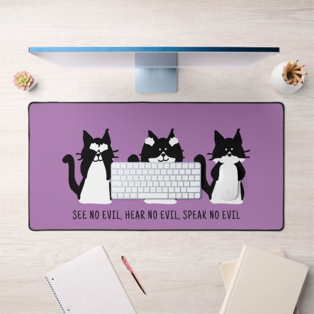 Cute Custom Black White Tuxedo Cats Purple Desk Mat (Office 1)