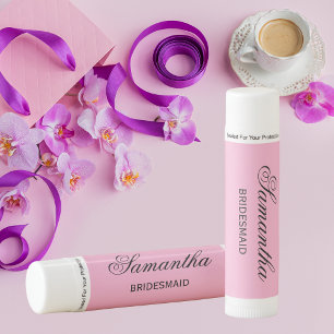 Cute Custom Bridesmaid Name Typography Script Pink Lip Balm
