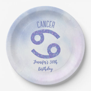 Cute Custom Cancer Purple Astrology Birthday Party Paper Plates