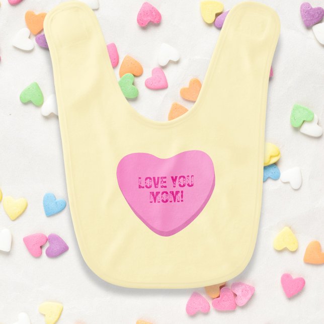 Cute Custom Candy Heart Conversation Pink Yellow Baby Bib (Cute custom candy heart conversation heart baby bib in pink on yellow. Add your custom message!)