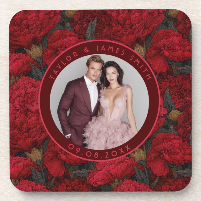 Cute Custom Carnation Fantasy Fall Wedding Beverage Coaster (Front)