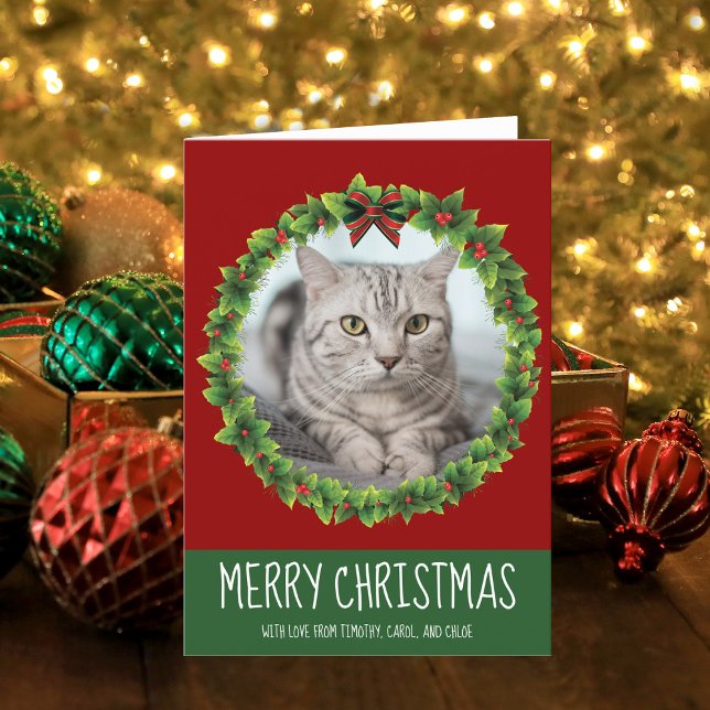 Cute Custom Cat Merry Christmas Wreath Red Holiday Card (Creator Uploaded)