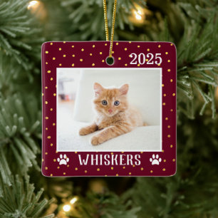 Cute Custom Cat Name Year Paw Prints Holiday Ceramic Ornament