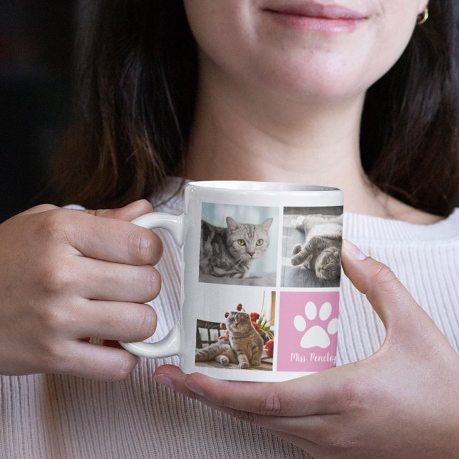 Cute Custom Cat Photo Collage Pink Paw Print Coffee Mug (Creator Uploaded)