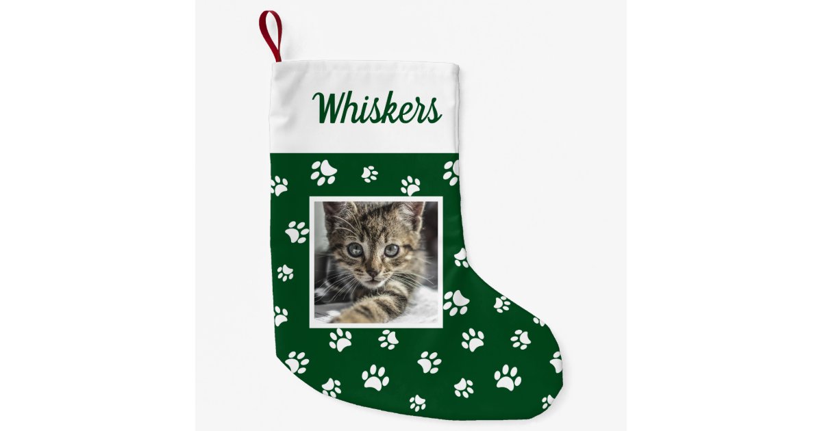 Cute Custom Cat Photo Name Green White Paws Small Christmas