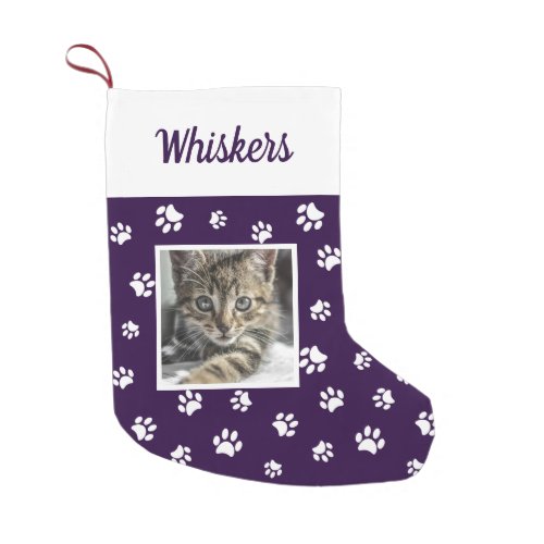 Cute Custom Cat Photo Name Purple White Paws Small Christmas Stocking