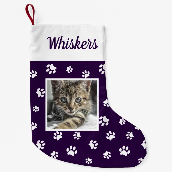 Cute Custom Cat Photo Name Purple White Paws Small Christmas