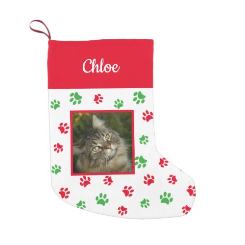 Cute Custom Cat Photo Name Red Green Paws Small Christmas Stocking