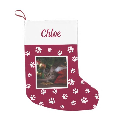 Cute Custom Cat Photo Name Red White Paws Small Christmas Stocking