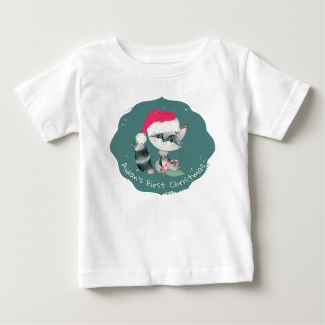 Cute Custom Christmas Baby Raccoon Baby T-Shirt (Front)